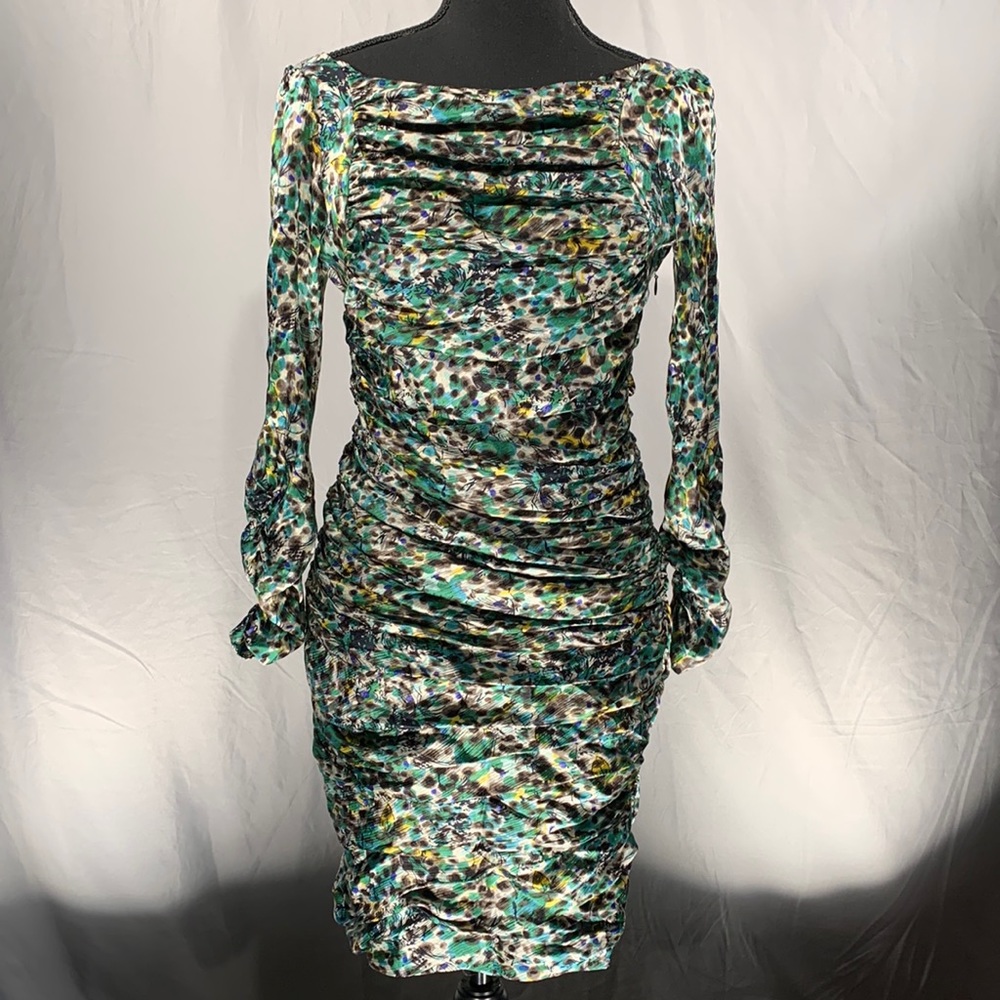 DVF Silk Long Sleeve Rouched Dress Green Floral Sz 6 Lined DianeVonFurstenberg
